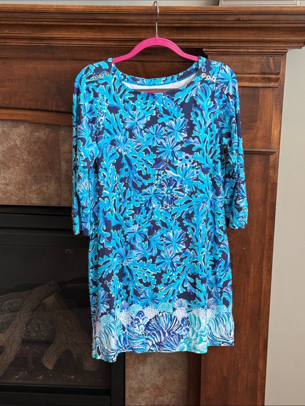 Lilly Pulitzer Sophie UPF 50+ dress Bright Navy In Too Deep 3/4 sleeves Preppy L